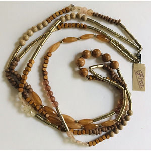 Fizz Double Strand Necklace Wood Beads Gold Tone 36-38" New